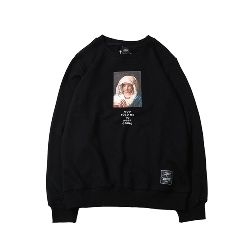 Sweatshirt Streetwear Virgin Mary Print Mens Hip Hop Pullover Sweatshirts - E-Esther Clothing Store