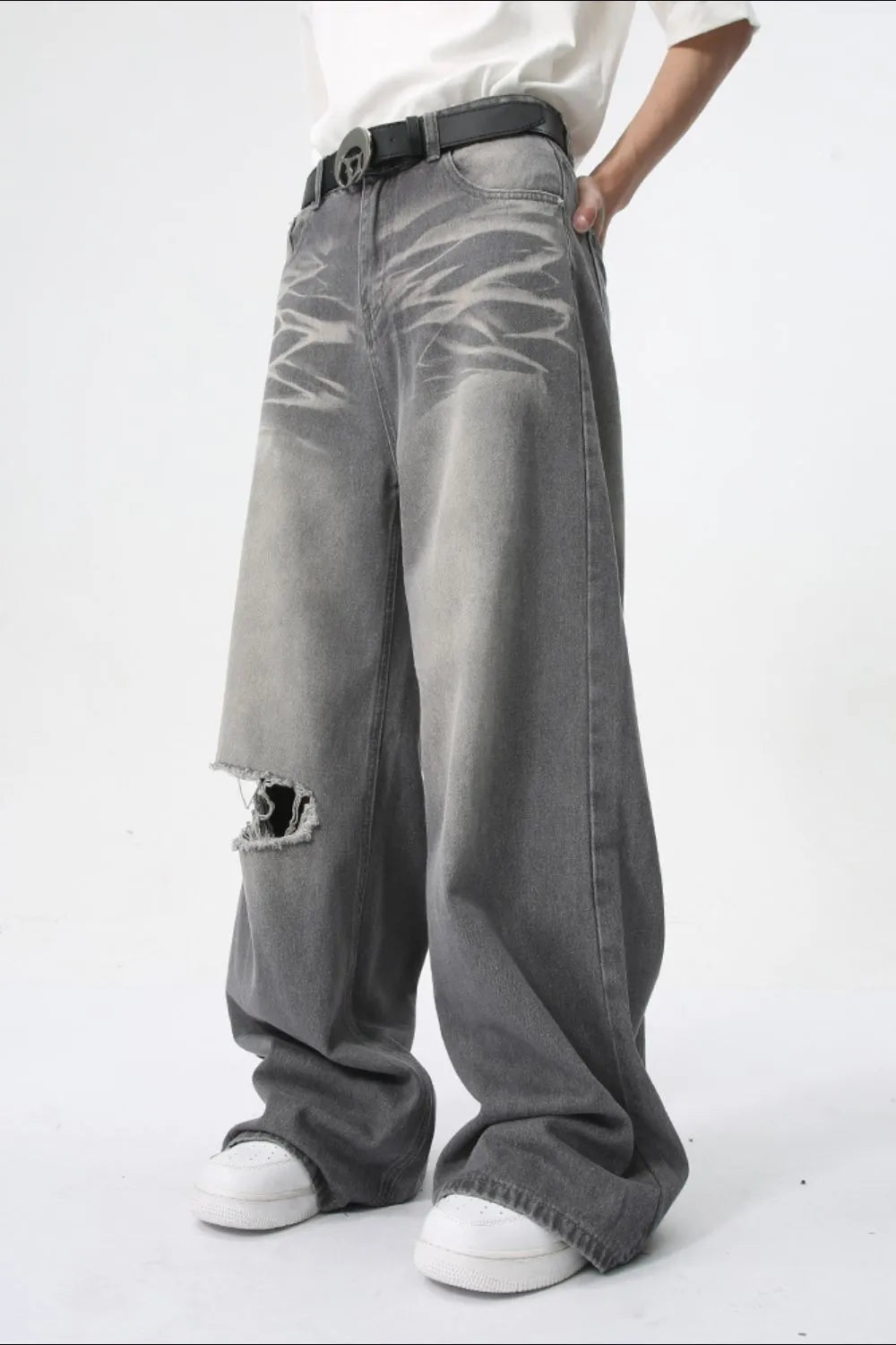 Distressed Wide Leg Jeans with Pockets - E-Esther Clothing Store