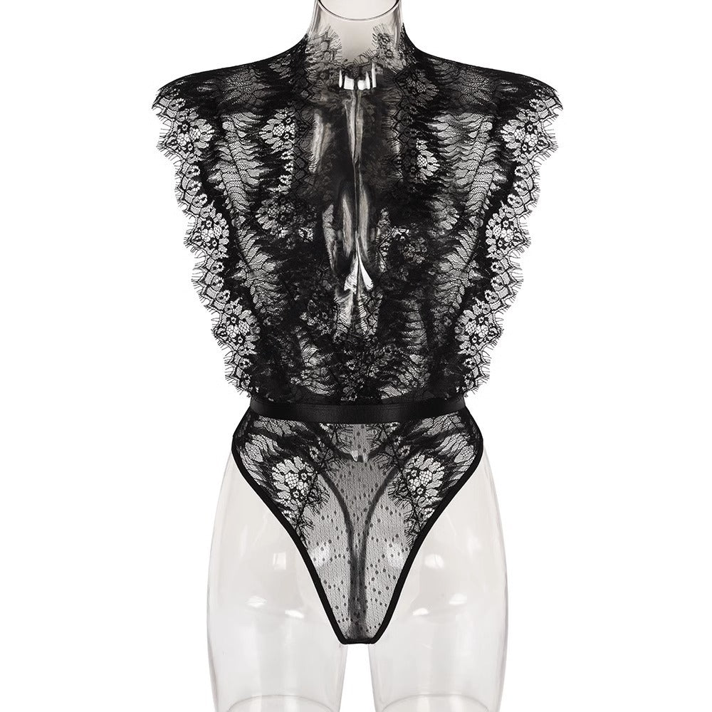 New jumpsuit INS sexy eyelash lace stitching deep V slimming jumpsuit lingerie - E-Esther Clothing Store