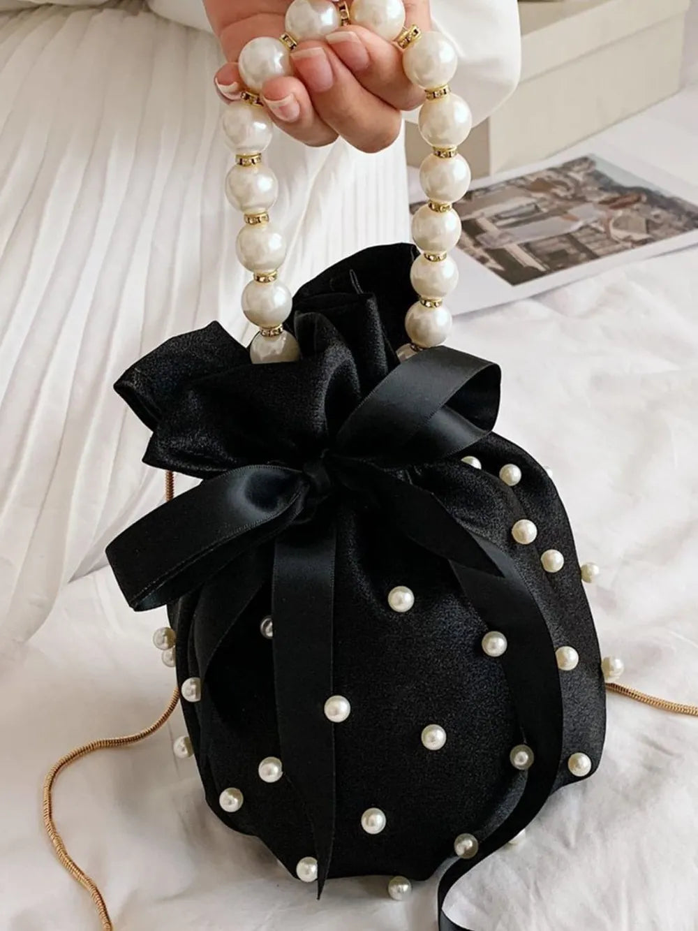 Pearl Detail Solid Color Bucket Bag - E-Esther Clothing Store