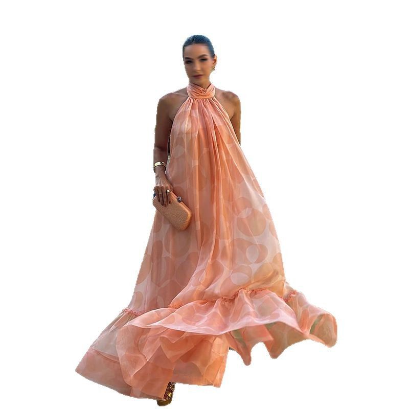 New backless hanging neck sleeveless large swing ruffle edge dress for women