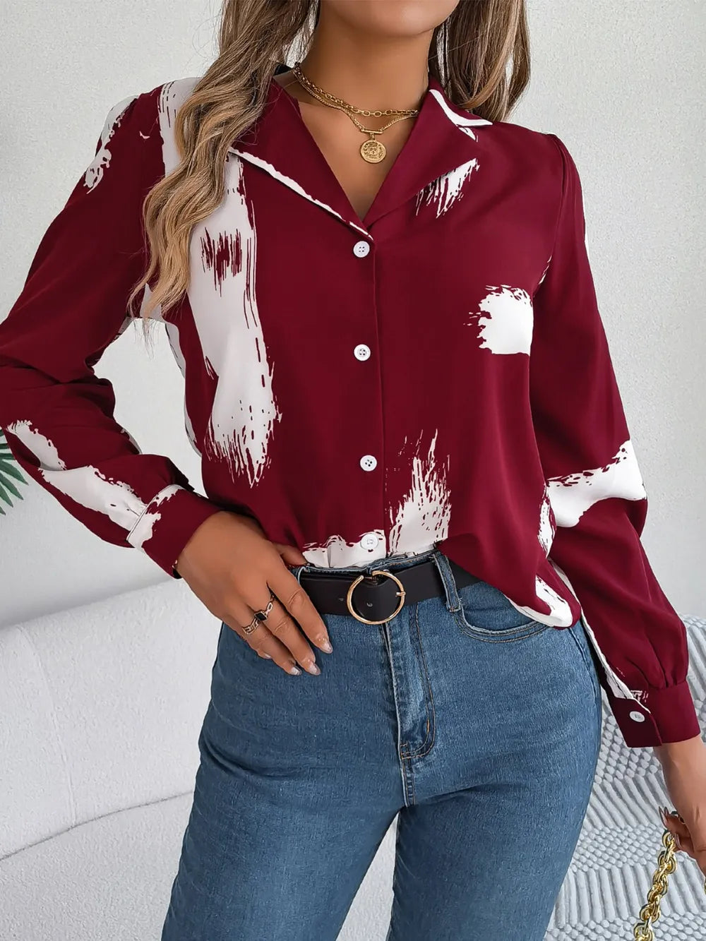Printed Collared Neck Button Up Shirt - E-Esther Clothing Store