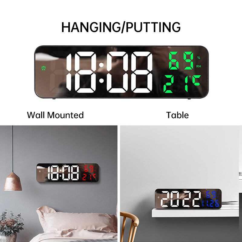 9-Inch Digital Wall Clock: Temp/Humid, Night Mode, Snooze, 12/24H, USB Plug-in LED Alarm Clock - E-Esther Clothing Store