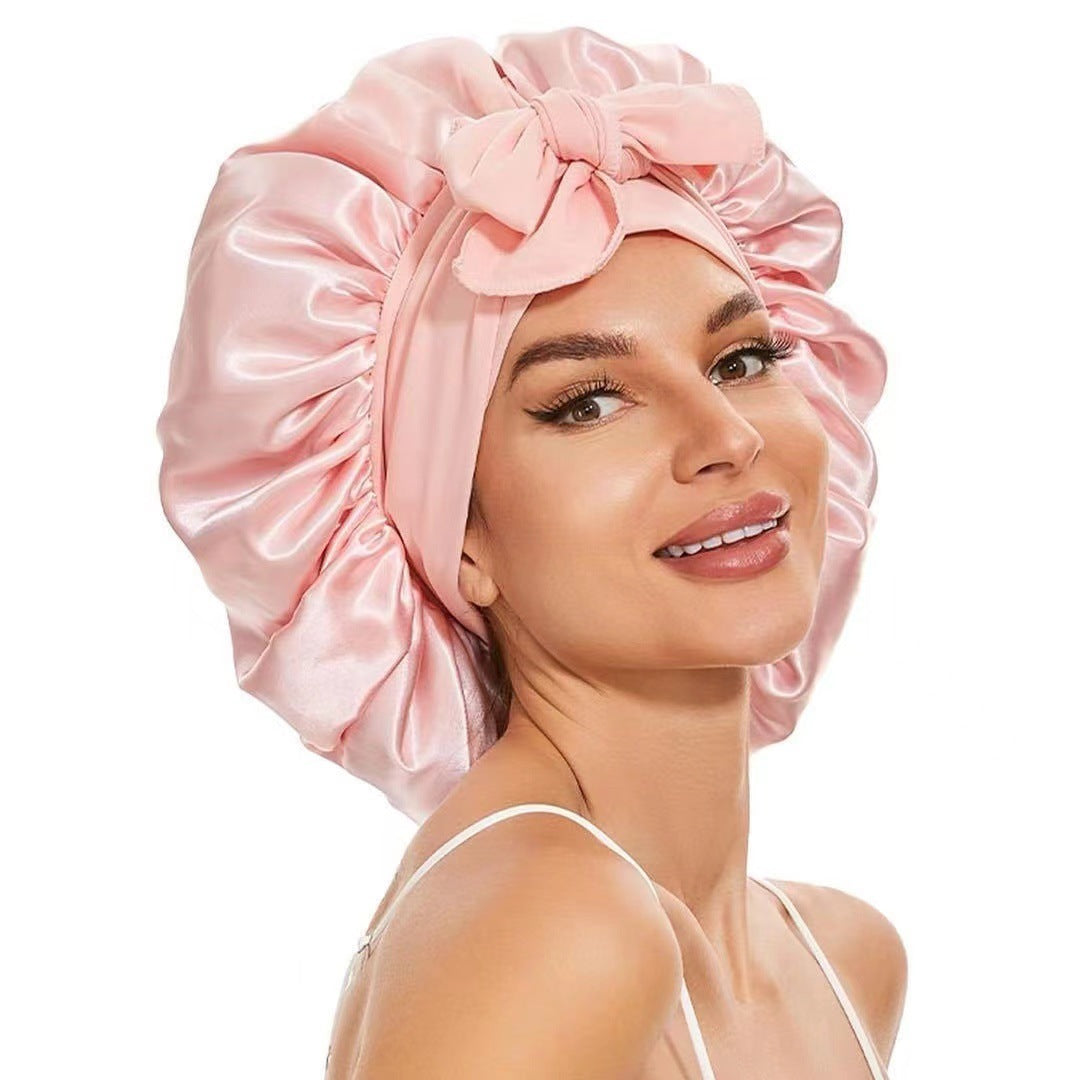 Elastic ribbon bow color Ding round hat solid color night cap wide-brimmed beauty hairdressing head scarf hat - E-Esther Clothing Store