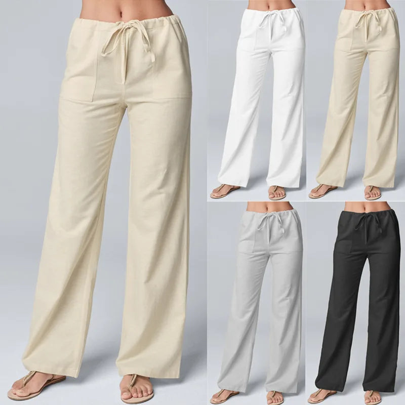 Women Cotton Linen Pants Solid Color Elastic Loose Drawstring Wide-Leg High Waist Trousers Female Stretch Straight Casual Pants