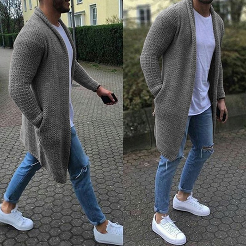 Mens Wool Cardigan Autumn Winter Warm Thick Solid Spacious Pocket Fashion Long Sweaters Knitted Cotton Casual Male Jackets - E-Esther Clothing Store