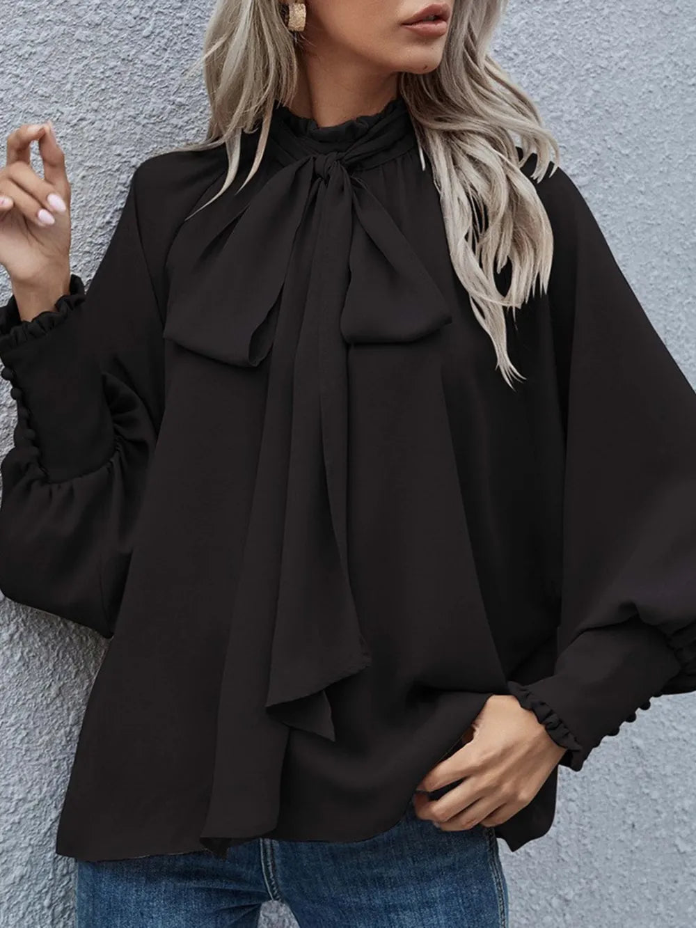 Tie Neck Lantern Sleeve Blouse - E-Esther Clothing Store