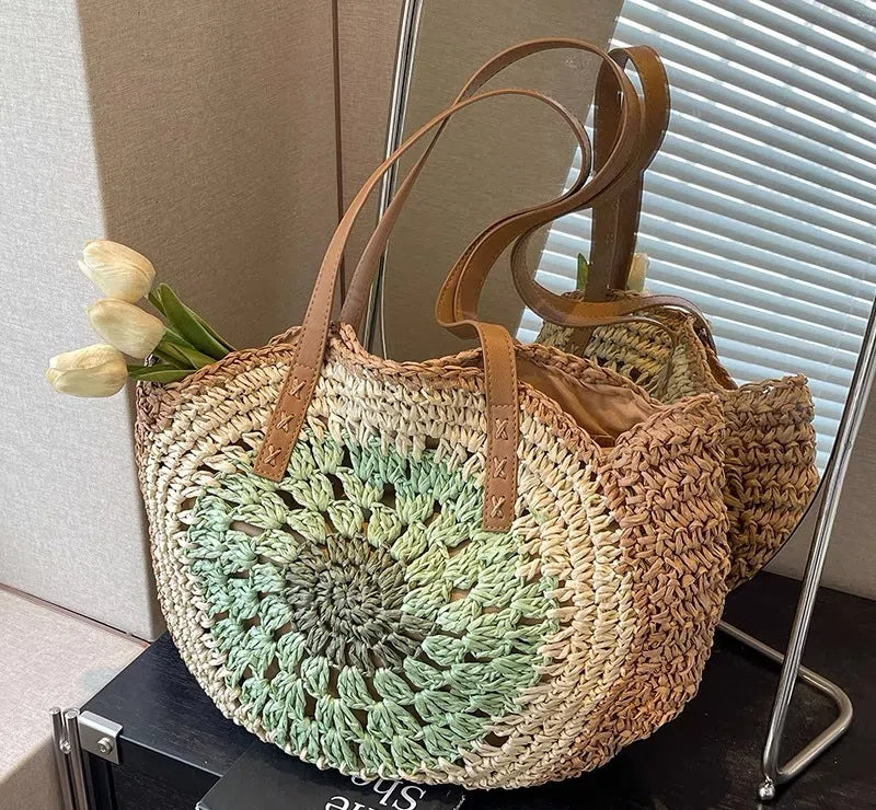 Paper rope hollow out colorful round plate grass woven bag casual beach bag one shoulder fashionable woven bag - E-Esther Clothing Store