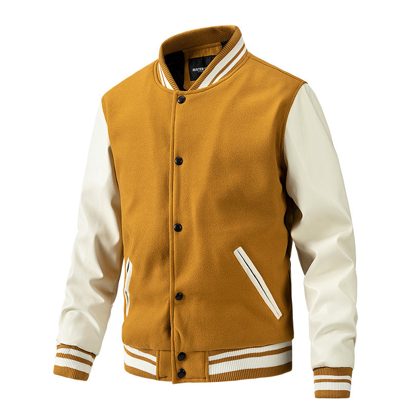 Men's Spring and Autumn New Baseball Collar Jacket with Color blocked Cotton and Large Size Woolen Jacket for Men - E-Esther Clothing Store