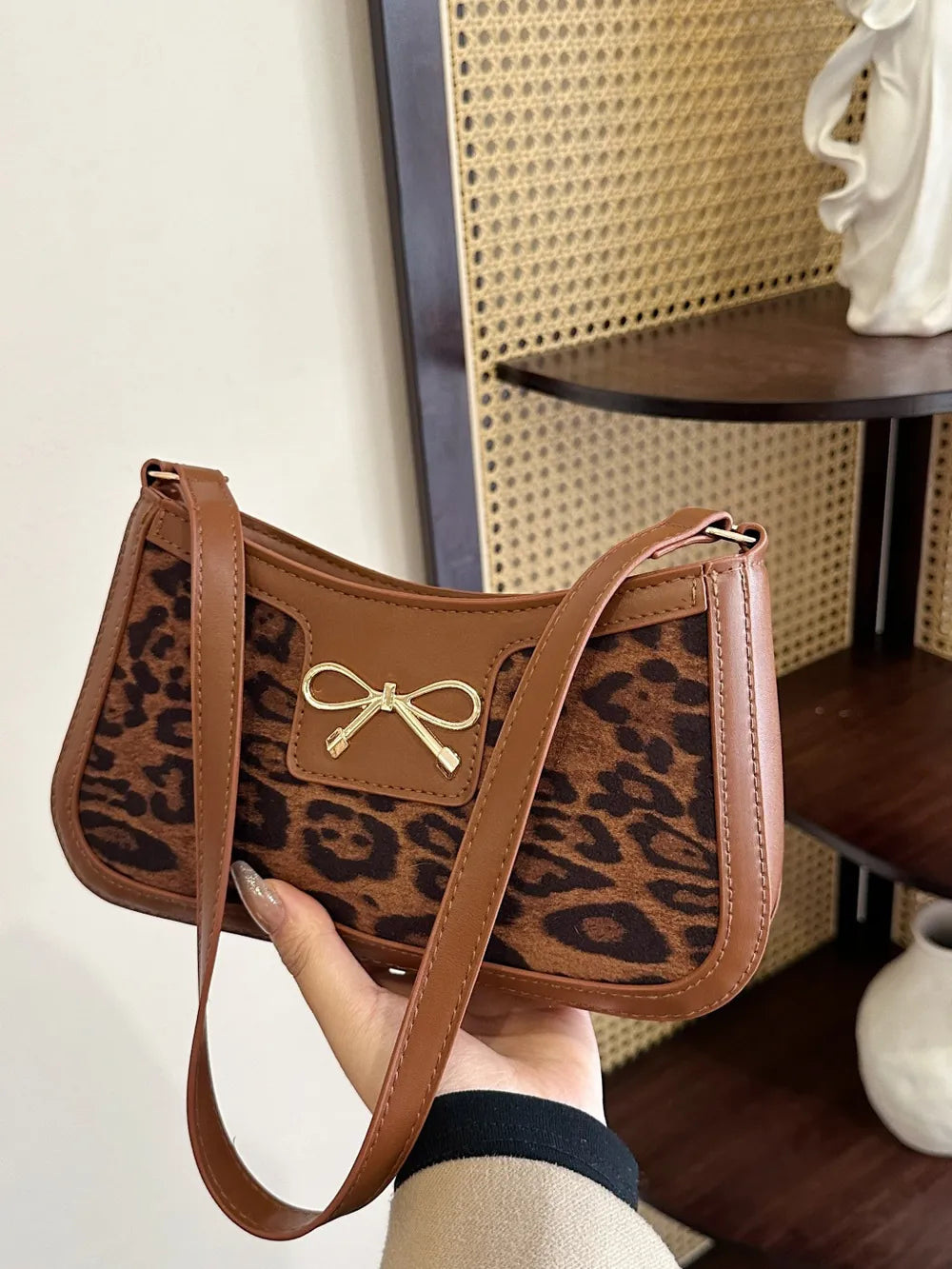 Bow Leopard PU Leather Handbag - E-Esther Clothing Store