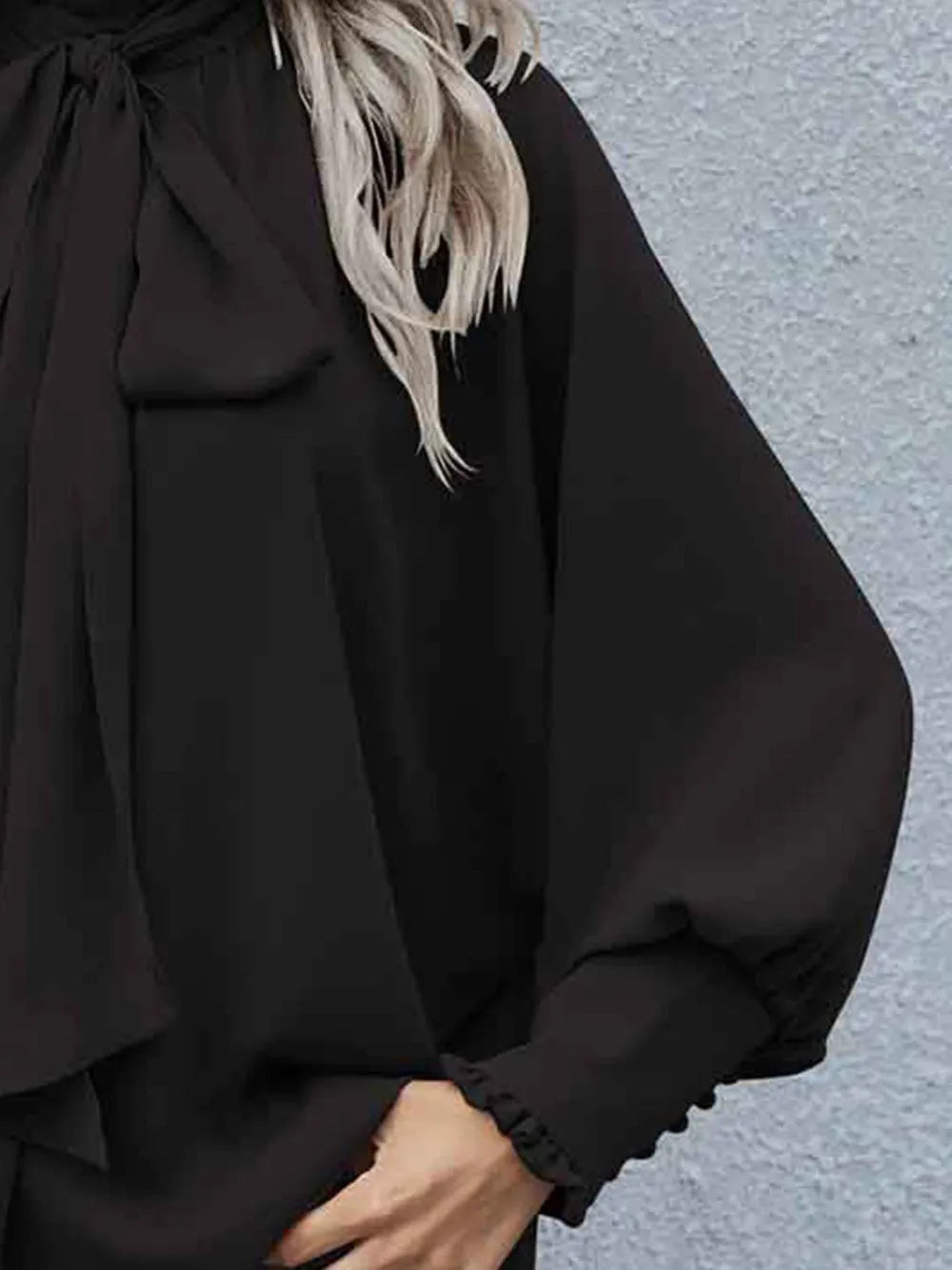 Tie Neck Lantern Sleeve Blouse - E-Esther Clothing Store
