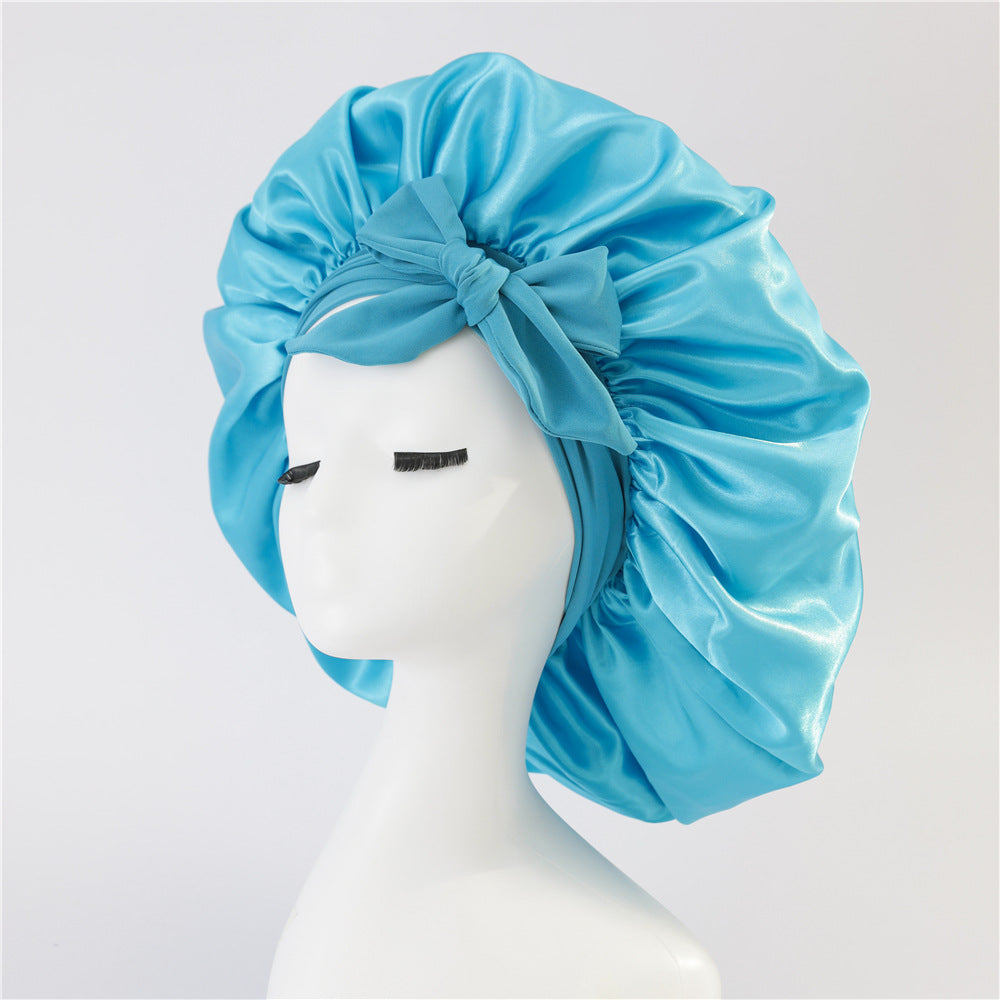 Elastic ribbon bow color Ding round hat solid color night cap wide-brimmed beauty hairdressing head scarf hat - E-Esther Clothing Store