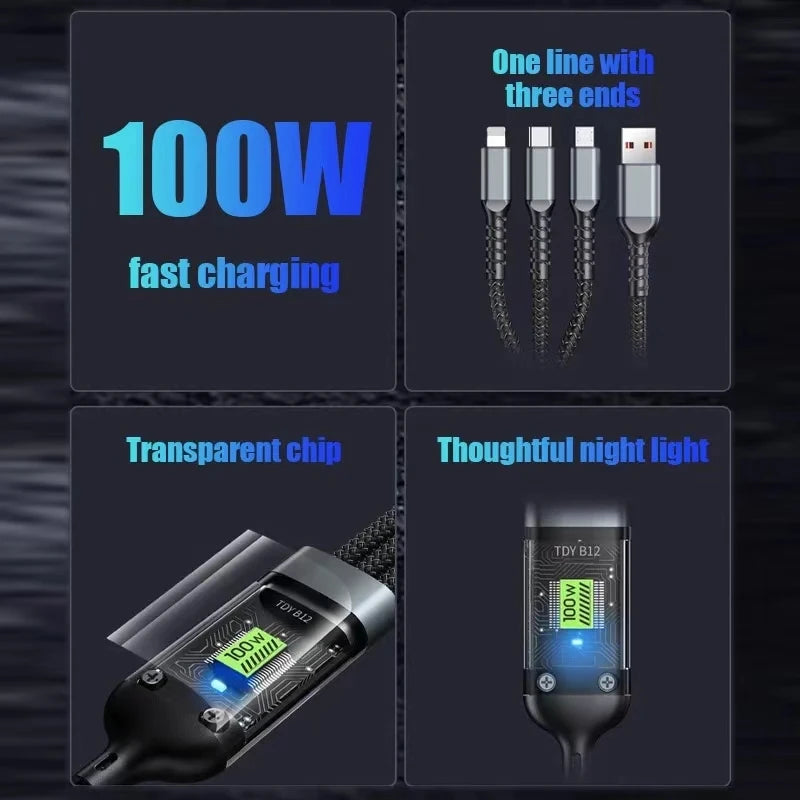 3 In 1 Usb 100w Type C/Iphone//Android Cable For Fast Charging