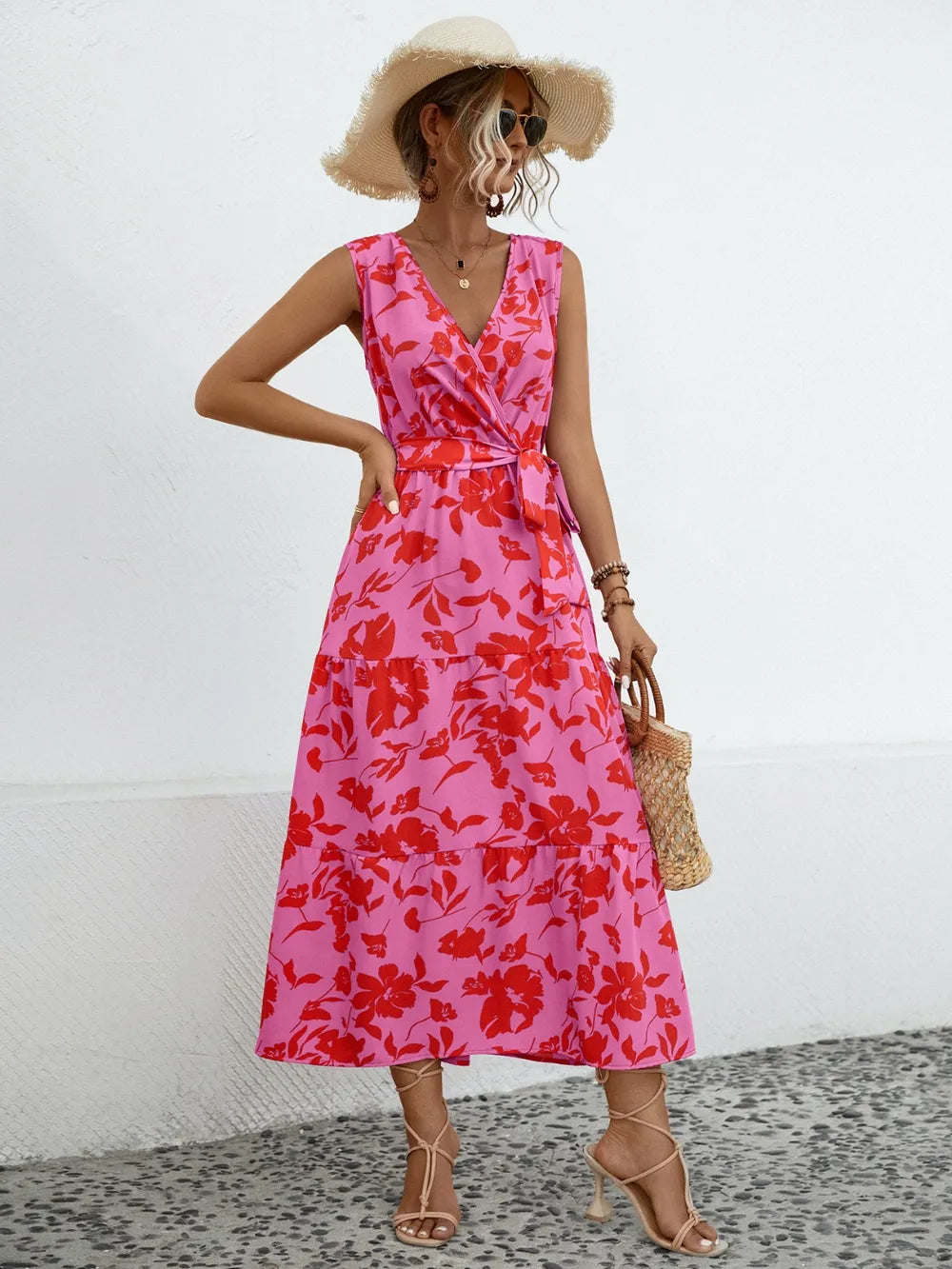 Tied Printed Surplice Tiered Dress - E-Esther Clothing Store