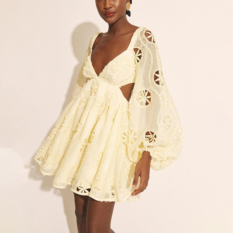 Sexy deep V-neck bubble sleeve solid color short skirt with hollowed out backless design dress for women - E-Esther Clothing Store