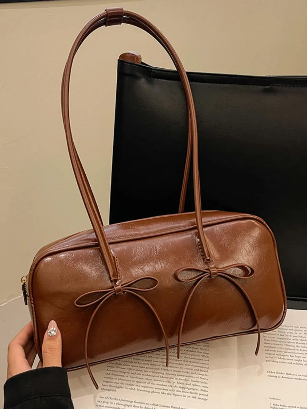 PU Leather Bow Trim Shoulder Bag - E-Esther Clothing Store