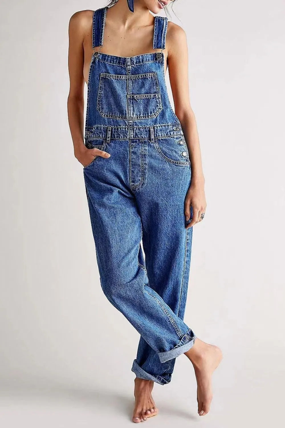 Wide Strap Square Neck Denim Overalls - E-Esther Clothing Store