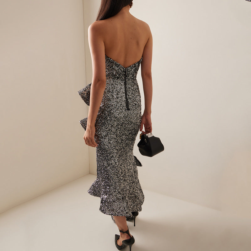 Strapless long skirt with lotus leaf hem party dress - E-Esther Clothing Store