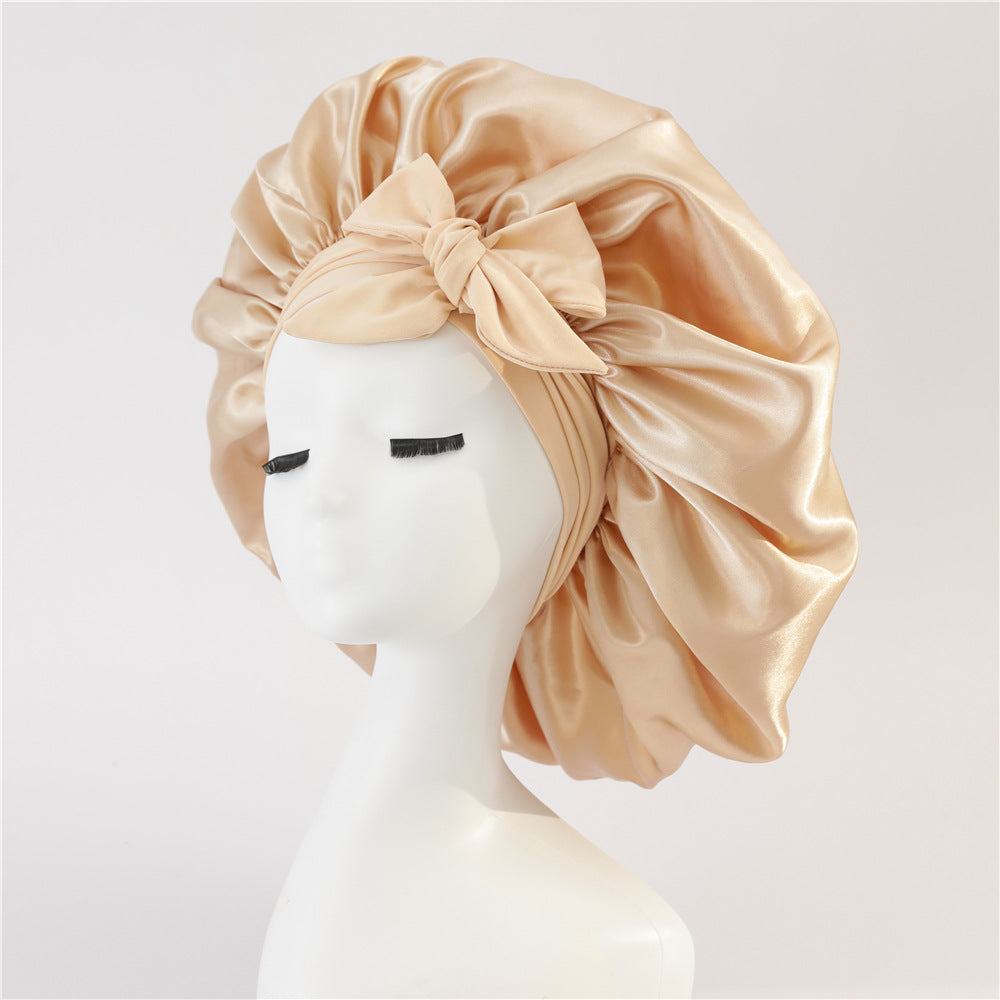 Elastic ribbon bow color Ding round hat solid color night cap wide-brimmed beauty hairdressing head scarf hat - E-Esther Clothing Store