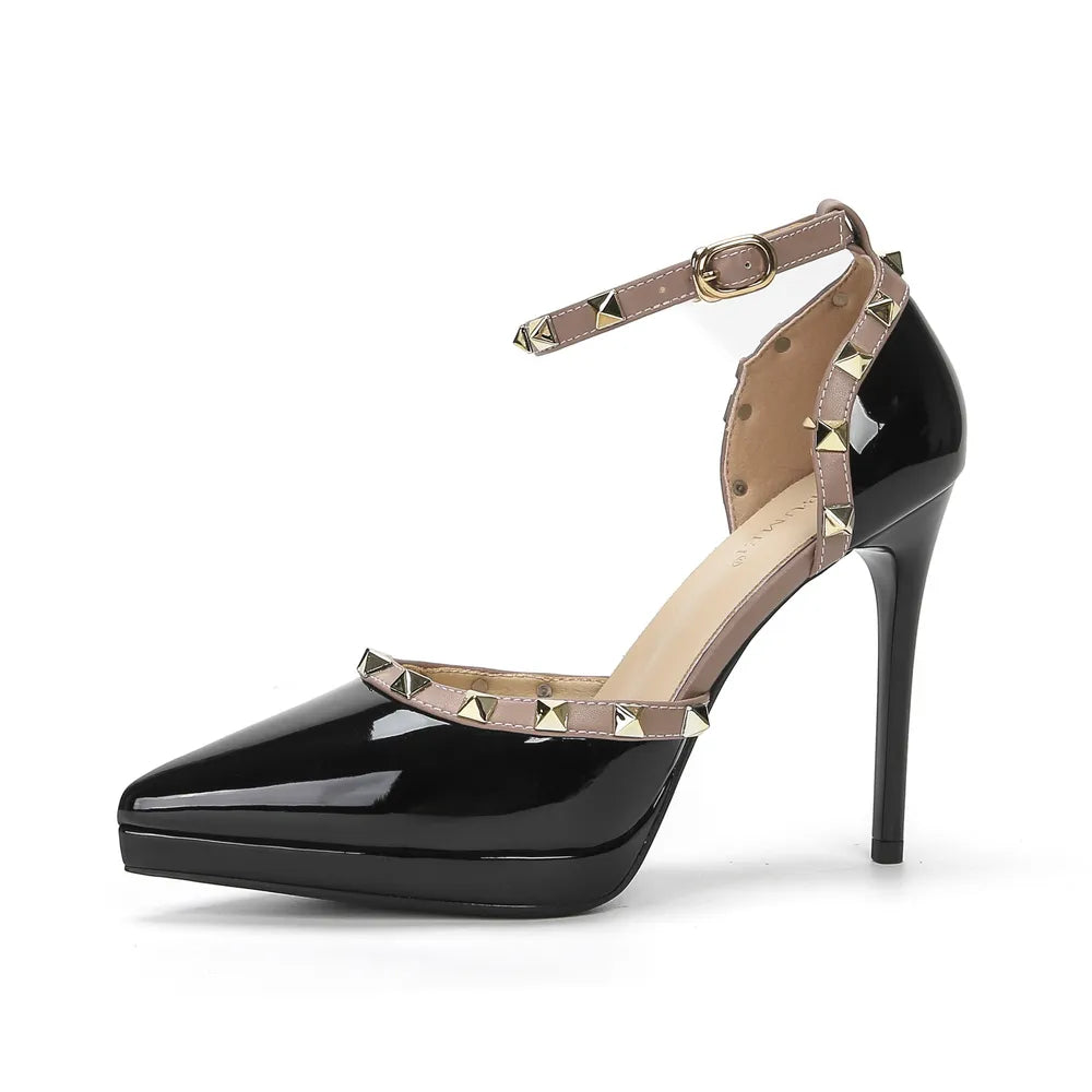 Rivet Decor Ankle Strap Stiletto Pumps - E-Esther Clothing Store
