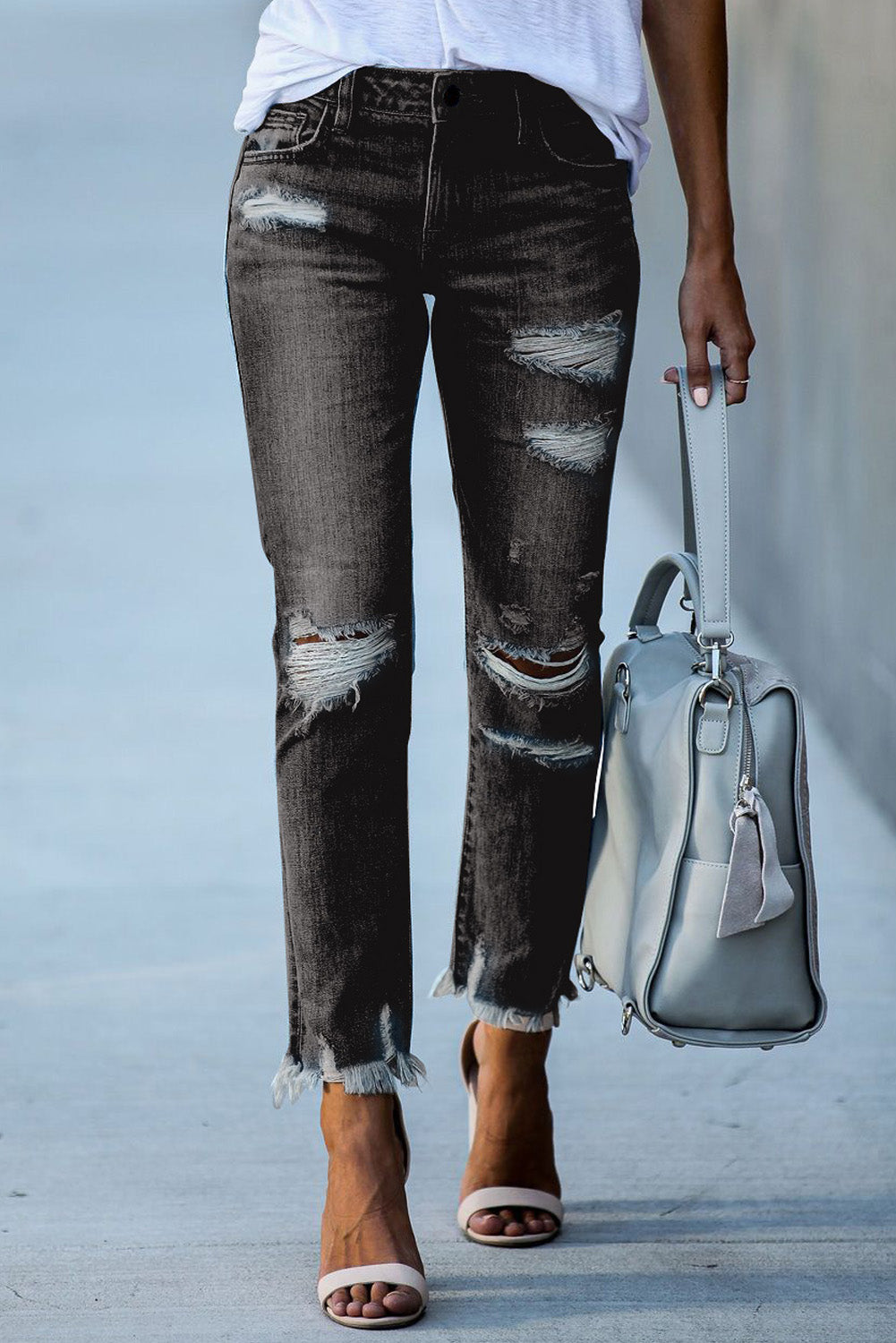 Black Distressed Boyfriend Denim Pants - E-Esther Clothing Store
