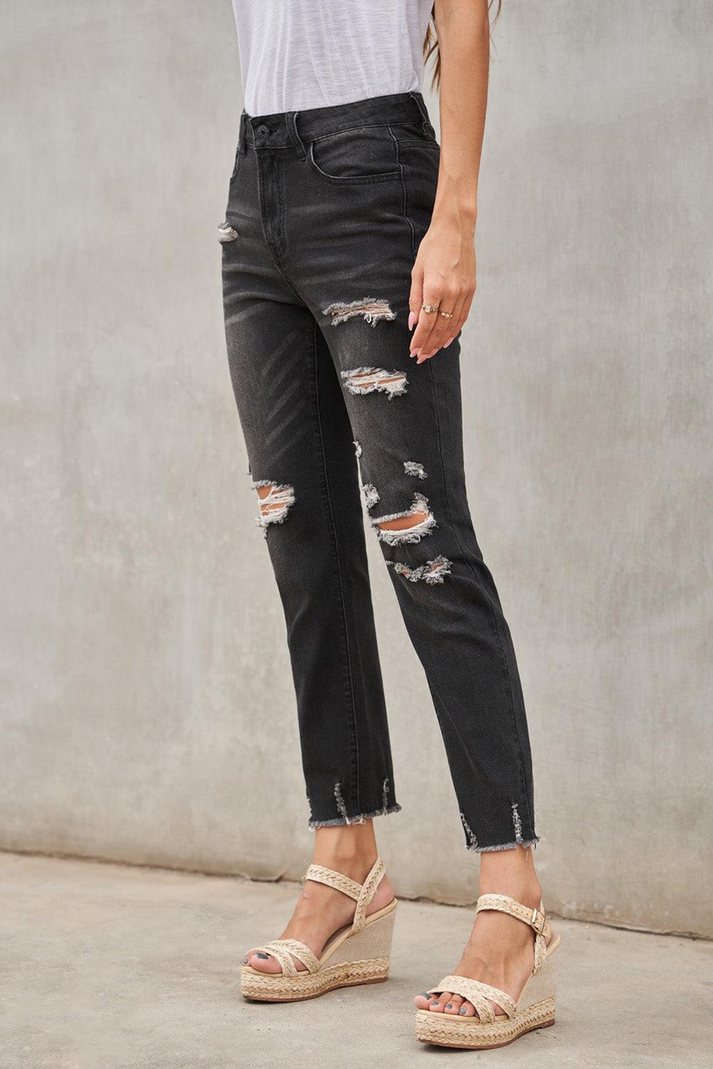 Black Distressed Boyfriend Denim Pants - E-Esther Clothing Store