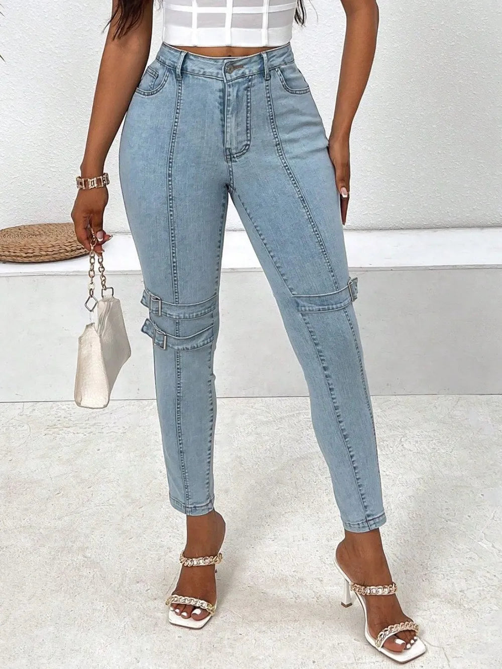 Decorative Buckle Skinny Jeans with Pockets - E-Esther Clothing Store