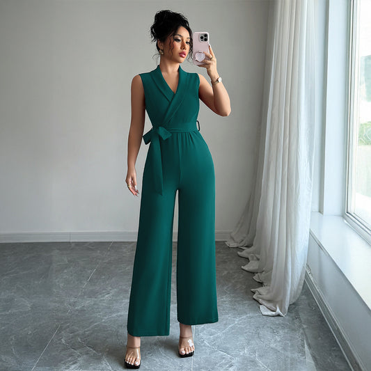 Minimalist style waist cinched wide leg pants for women's jumpsuit - E-Esther Clothing Store
