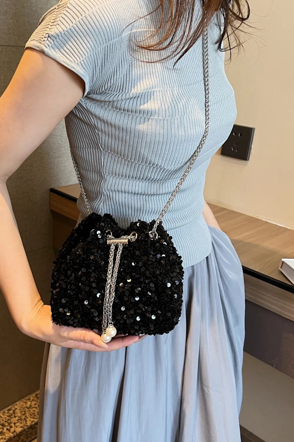 Sequin Chain Drawstring Bucket Bag - E-Esther Clothing Store
