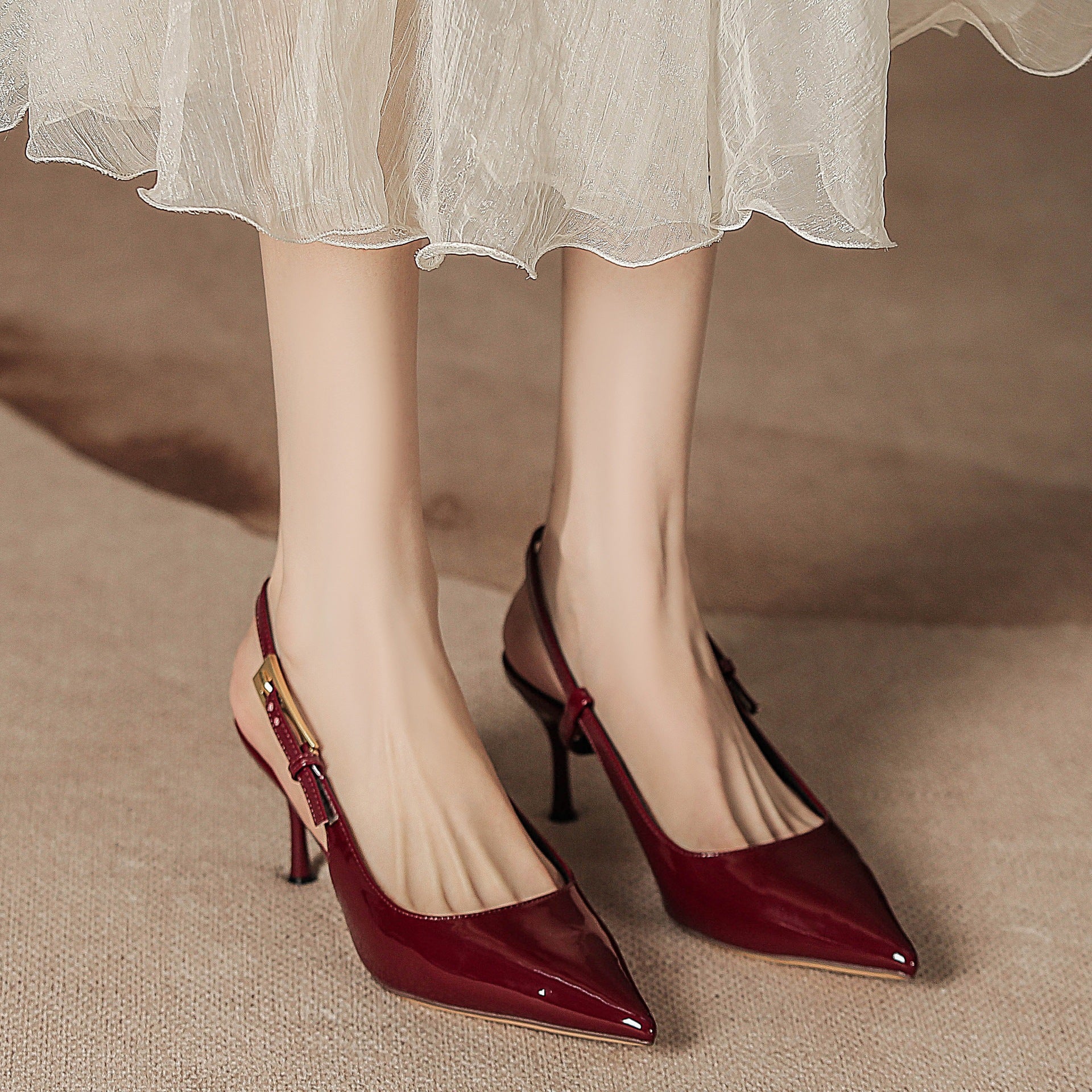 Women's High Heel Pointed Toe Stiletto Ankle Strap Pumps, Sexy Ladylike Red Patent Leather Open-Toe Shoes - E-Esther Clothing Store