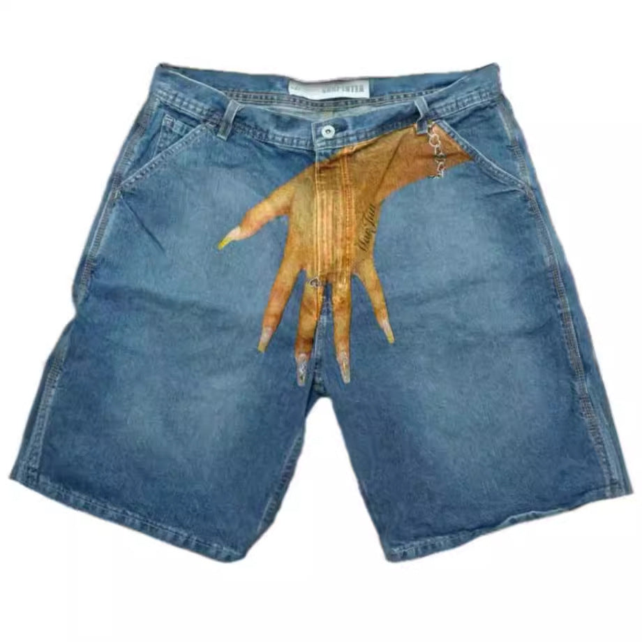European and American Y2K hip-hop trend pattern printed denim shorts for men, high street fashion brands, couple casual five quarter pants - E-Esther Clothing Store