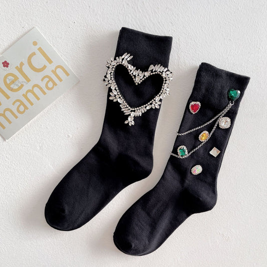 Summer and Spring European Luxury Love Diamond Black Chain Middle Tube Stacked Socks - E-Esther Clothing Store