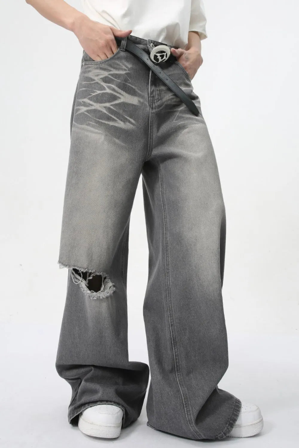 Distressed Wide Leg Jeans with Pockets - E-Esther Clothing Store