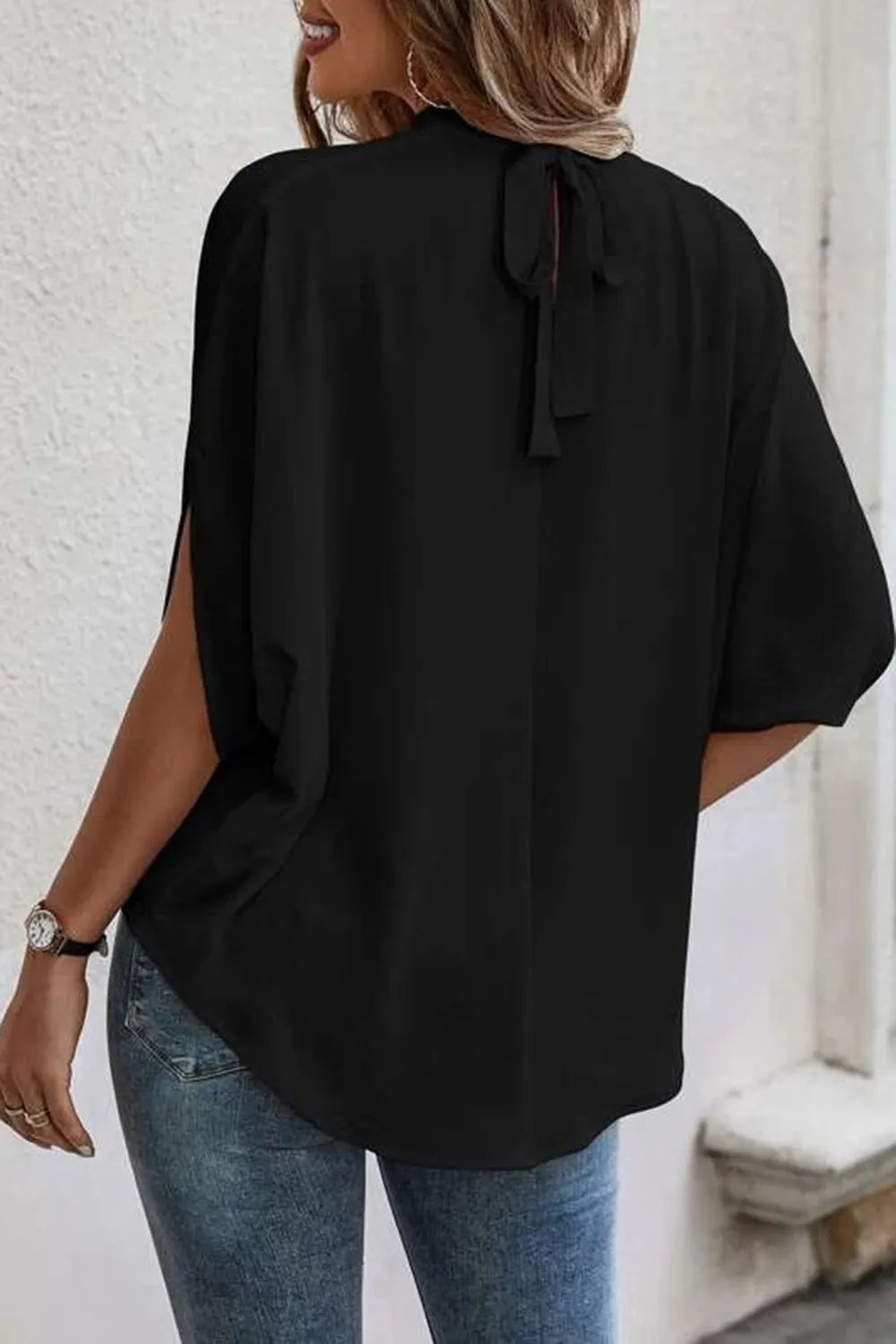 Tie Back Slit Half Sleeve Blouse - E-Esther Clothing Store