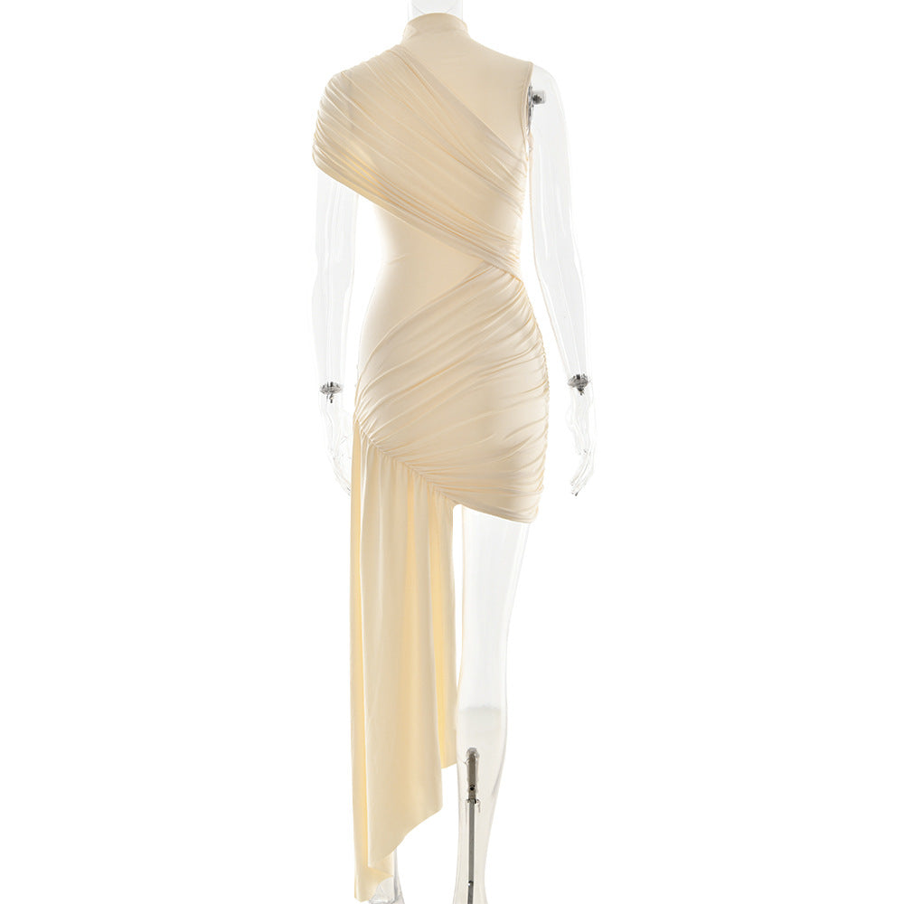 European and American slim fit ribbon dress with round neck pleats irregular hips sleeveless dress - E-Esther Clothing Store