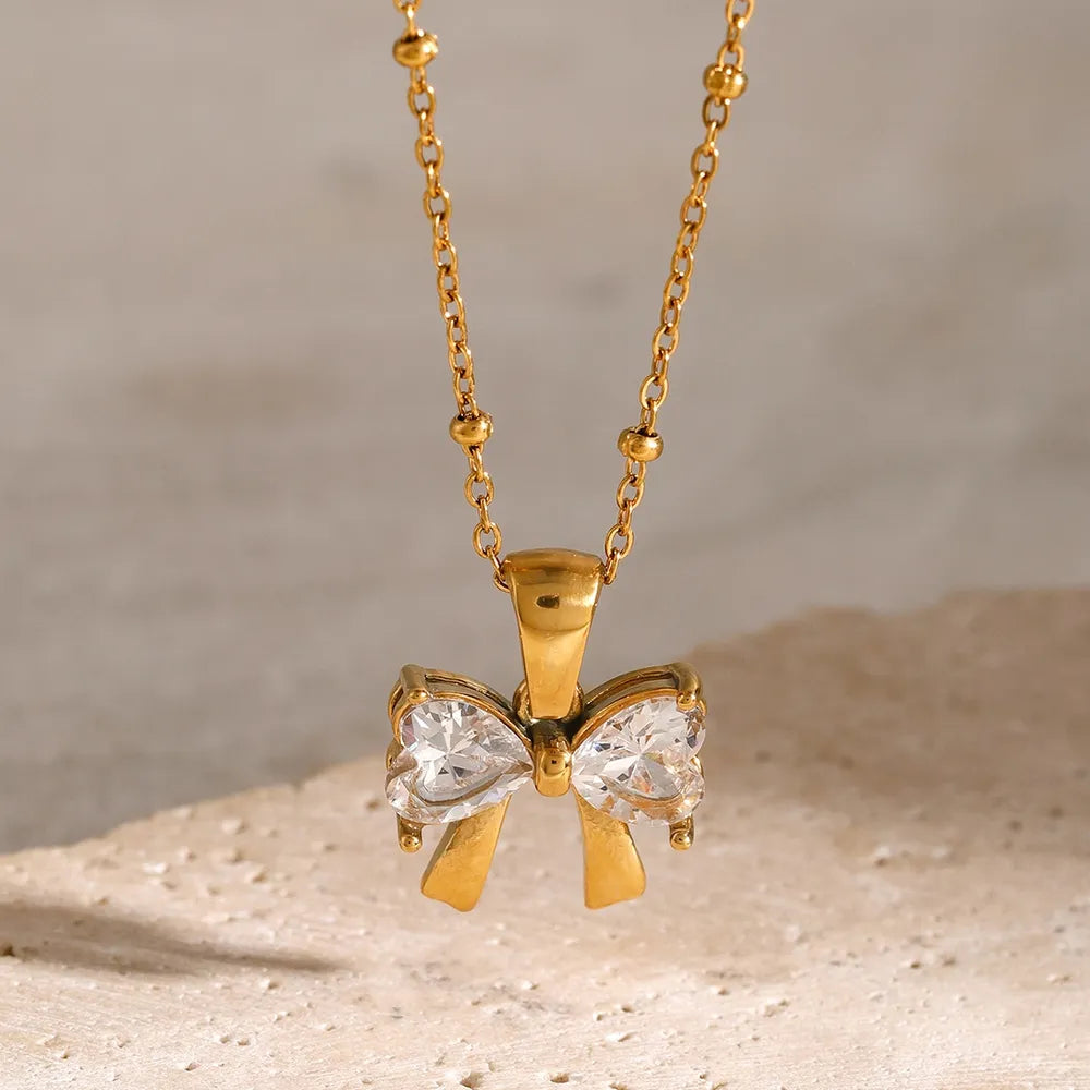 Stainless Steel Inlaid Zircon Bow Necklace - E-Esther Clothing Store