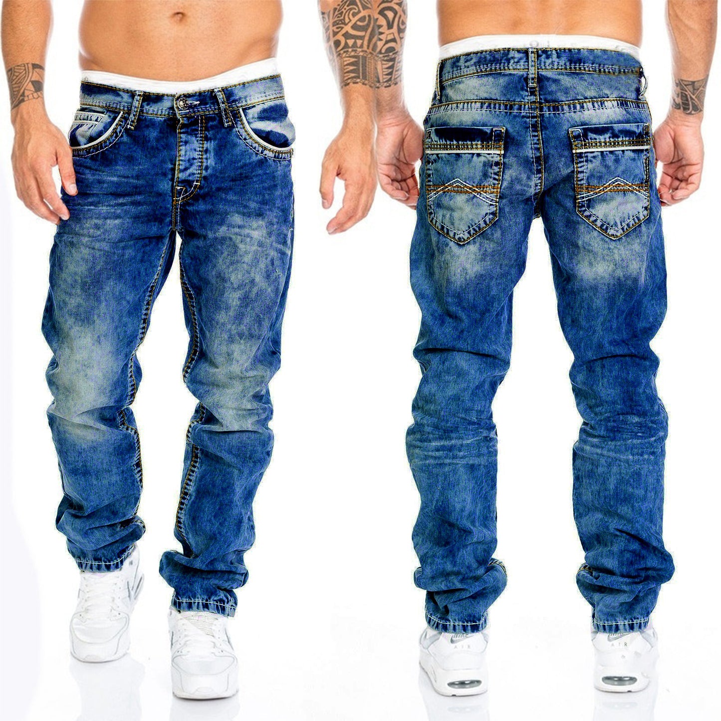European and American new jeans casual open line pants straight leg men's pants hip-hop jeans - E-Esther Clothing Store