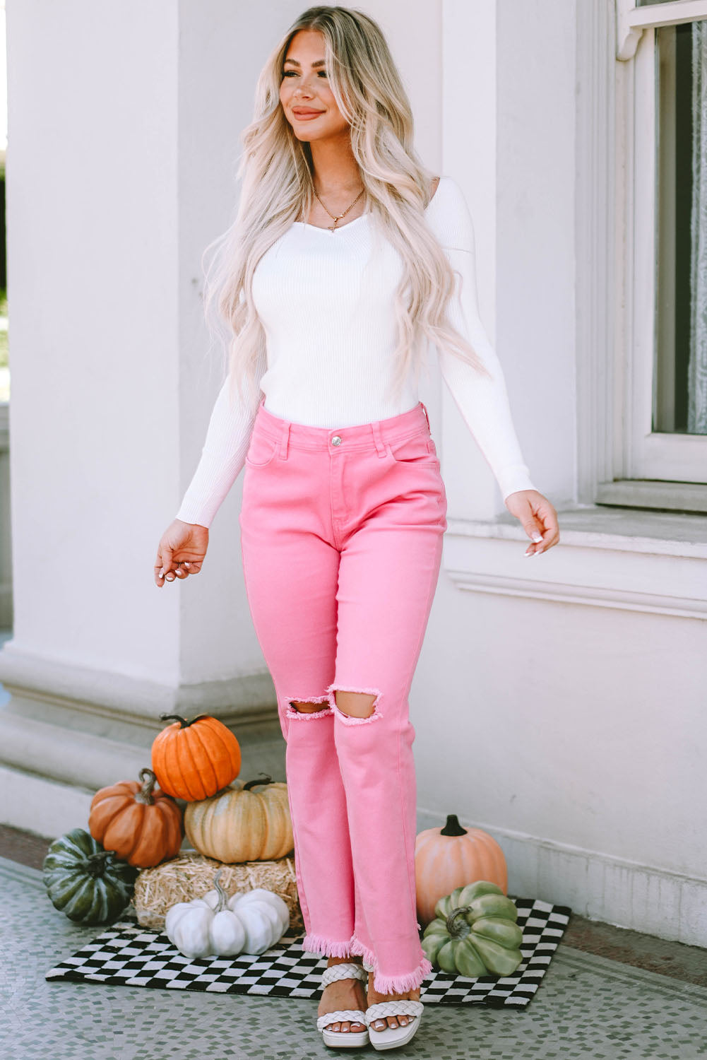 Pink Vintage High Waist Flare Leg Ripped Raw Hem Jeans - E-Esther Clothing Store