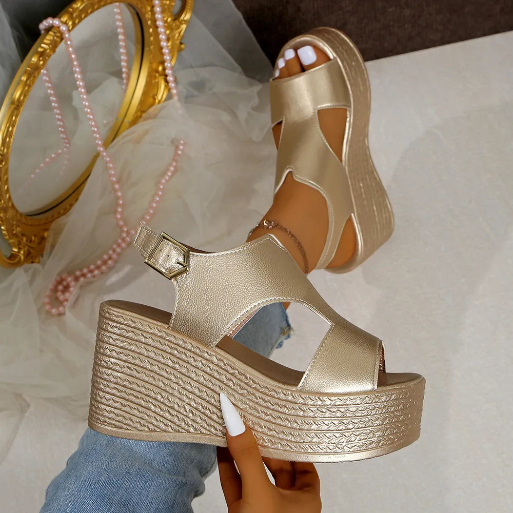 Peep Toe Cut Out Wedge Sandals - E-Esther Clothing Store