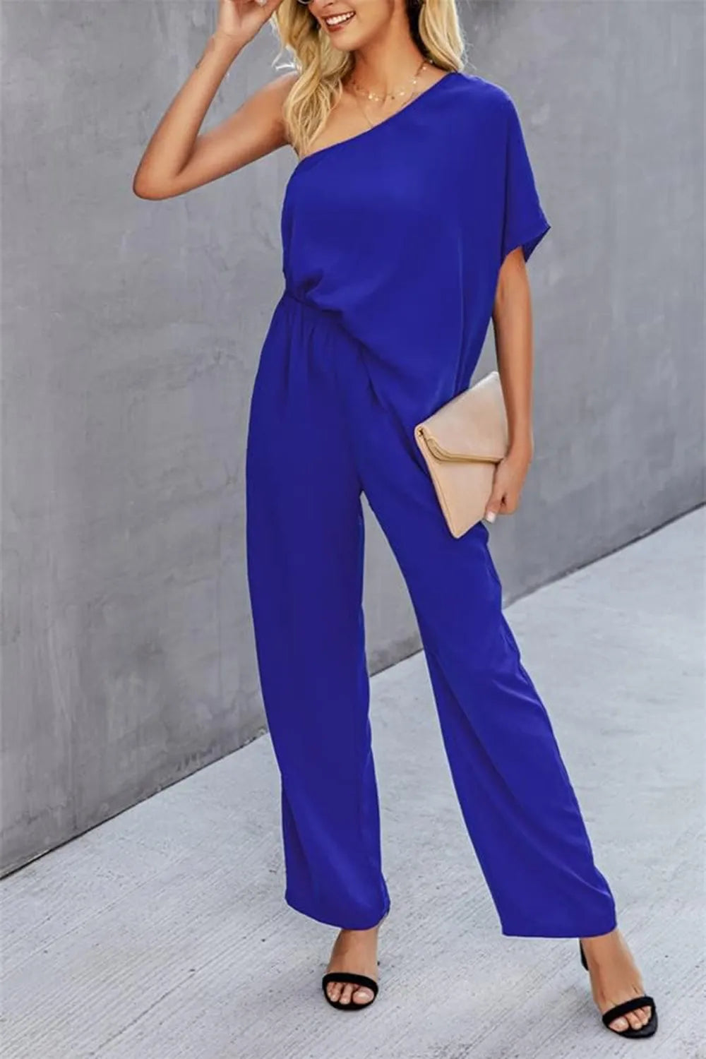 Single Shoulder Short Sleeve Jumpsuit - E-Esther Clothing Store