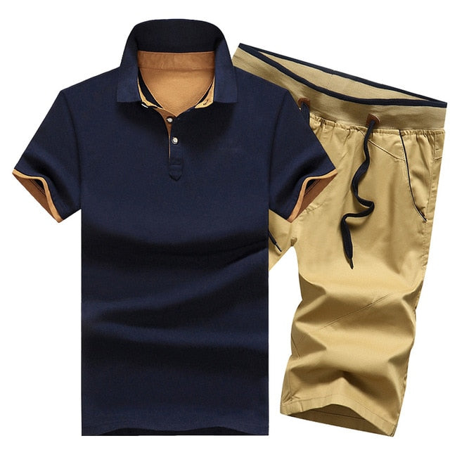 Cotton Mens Sets Summer Button Polo Shirts Sets Turn Down Mens Shorts 4XL Men Clothes 2 Piece Set Elastic Waist Shorts - E-Esther Clothing Store