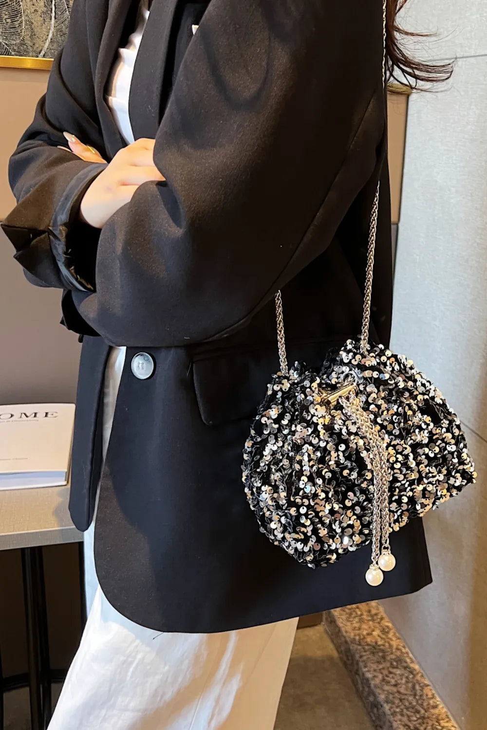Sequin Chain Drawstring Bucket Bag - E-Esther Clothing Store