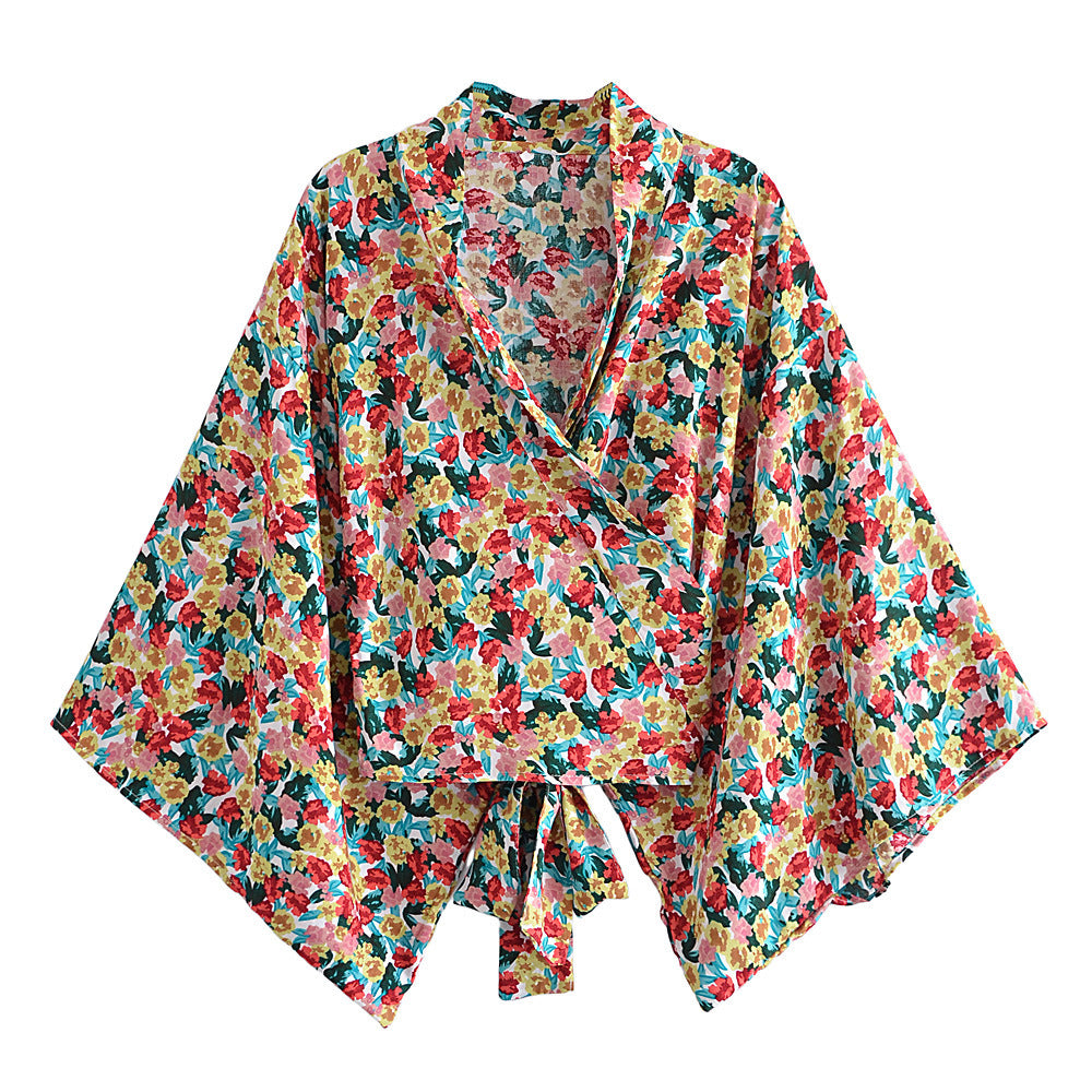 Fashionable printed V-neck batwing sleeve bohemian cover shirt - E-Esther Clothing Store