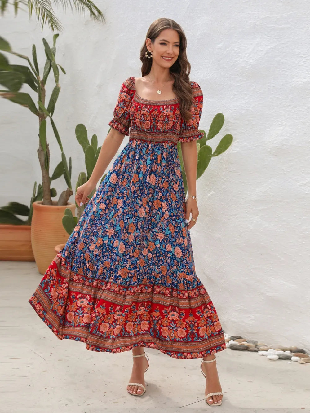 Floral Flounce Sleeve Midi Dress - E-Esther Clothing Store