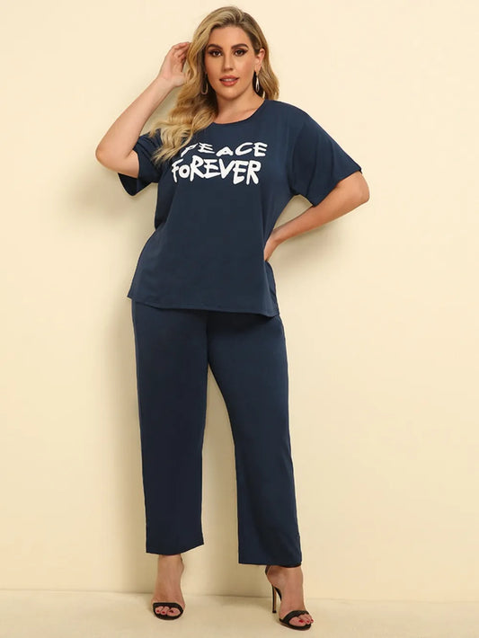 Plus Size PEACE FOREVER Short Sleeve Top and Pants Set - E-Esther Clothing Store
