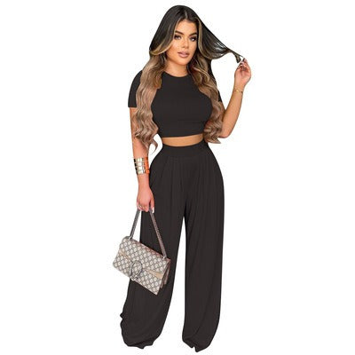 European and American Large Sized Womens Fashion Casual Wide Leg Two Piece Set for Women - E-Esther Clothing Store