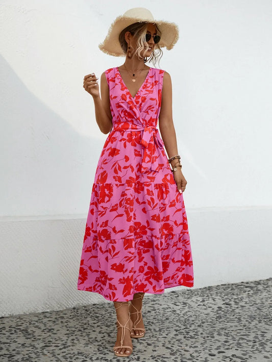 Tied Printed Surplice Tiered Dress - E-Esther Clothing Store