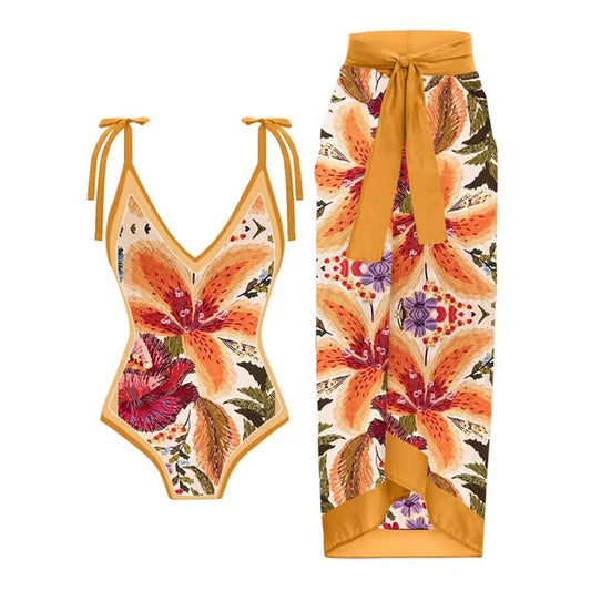 Lace up printed one-piece swimsuit set for women fashionable and sexy bikini - E-Esther Clothing Store