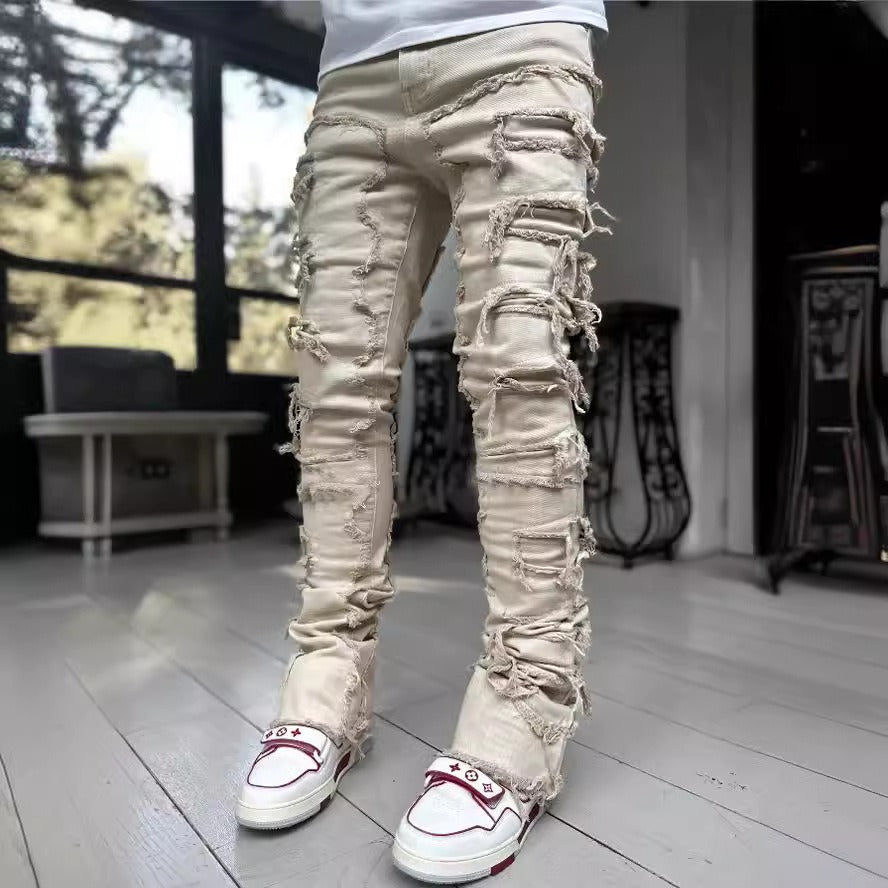 Men's denim straight leg pants with elastic patch fabric - E-Esther Clothing Store