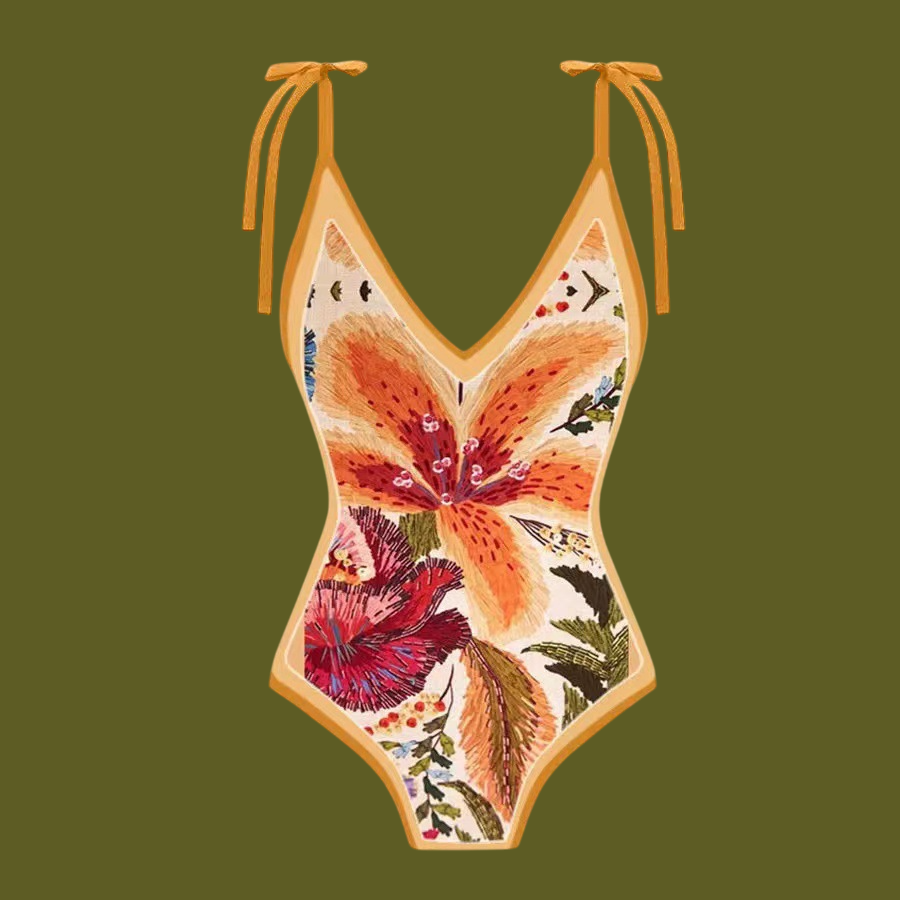 Lace up printed one-piece swimsuit set for women fashionable and sexy bikini - E-Esther Clothing Store